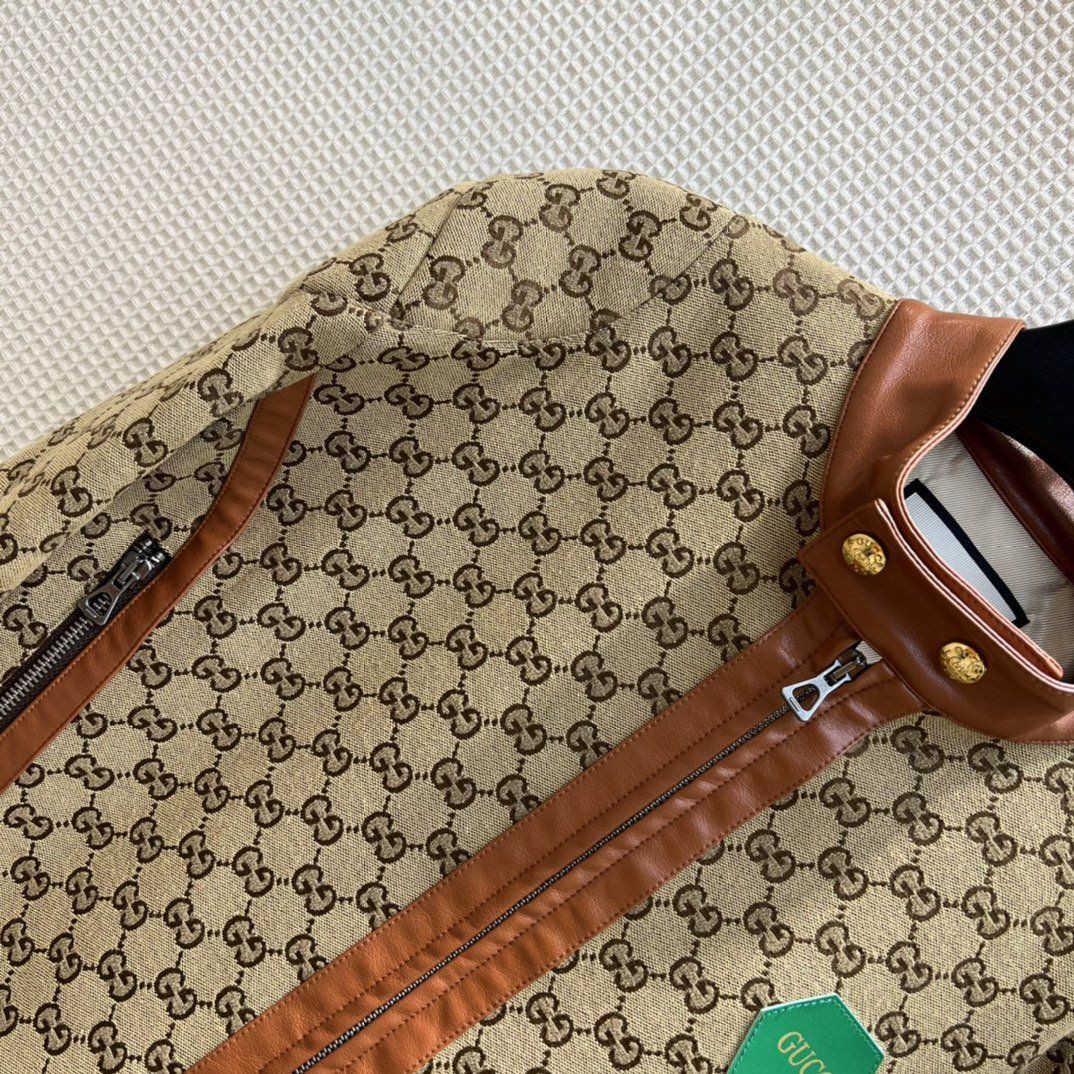 21-22AWグッチ レザー トリム付き GGキャンバス ジャケット 偽物 681034Z8AV62184